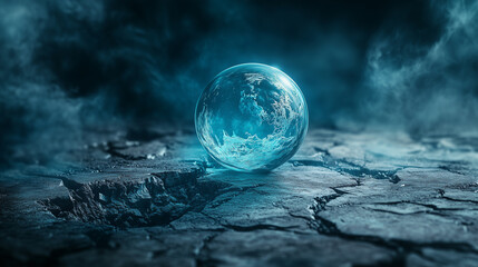 A mystical orb on a cracked stone surface, surrounded by a faint aura of swirling light and a dark, moody background.
