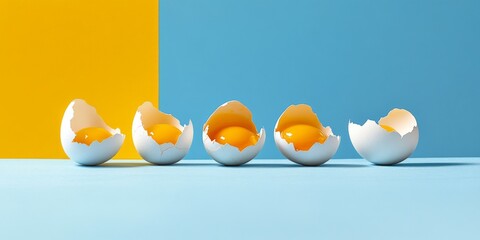 Colorful eggs in a minimalist style. A creative and fun arrangement with broken shells and fresh yolks. Perfect for food blogs and modern kitchen decor. Capture the essence of spring. AI