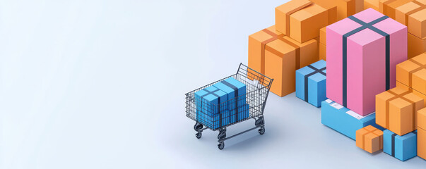Fototapeta premium shopping cart with gifts next to colorful boxes, symbolizing online shopping and delivery