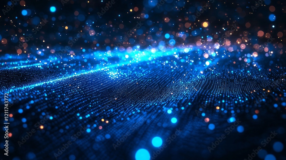 Poster Vivid blue lights twinkle across a dark canvas, creating an enchanting atmosphere that draws the viewer into a virtual space filled with shimmering particles and dynamic energy
