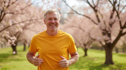 Elderly man jogging in spring blossoming orchard. Image suitable for use in advertisements and promotional materials related to nature, outdoor fitness, running, healthy living, gardening, or agricult