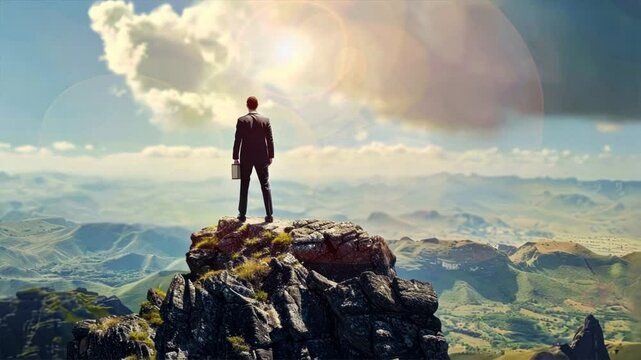 Businessman standing on mountain top celebrating success, business achievement, startup business