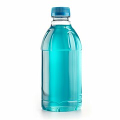 Small plastic bottle containing light blue liquid with blue cap, isolated on white background