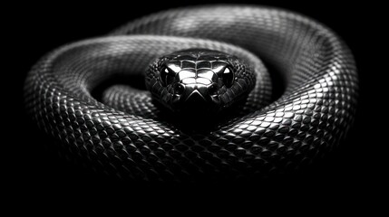 Black snake coiled, dark background, studio shot, danger