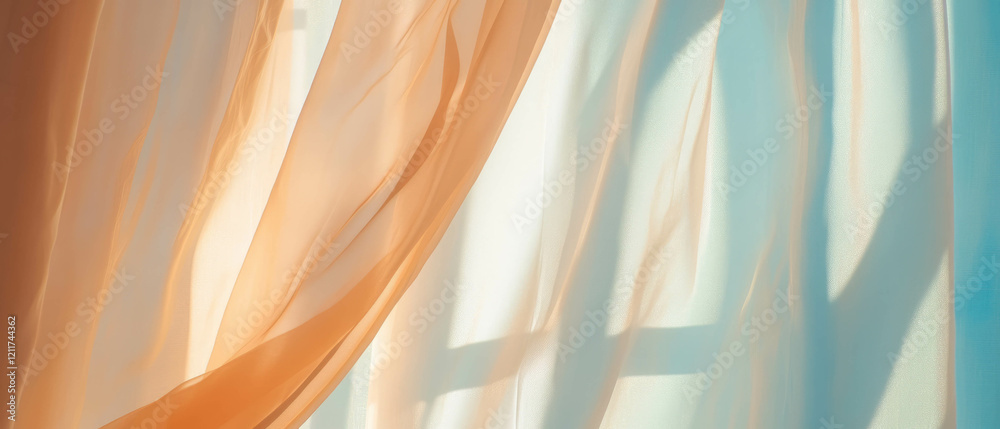 Poster Elegant silk curtains creating a soft drape with graceful texture in natural light