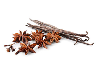 Star anise with cloves and vanilla pods on white background