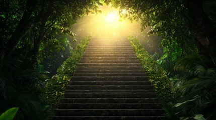 Obraz premium Majestic Aztec Temple Rising From Dense Jungle with Sunlight Creating an Ethereal Atmosphere, Capturing Ancient Architecture Surrounded by Lush Greenery