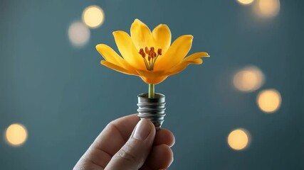 Hand holding bright yellow flower in light bulb with bokeh background creating a harmonious blend of nature and creativity emphasizing innovative floral design and artistic expression - Powered by Adobe