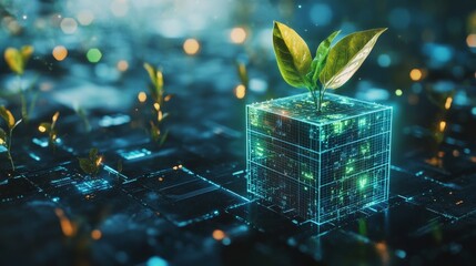 Digital plant growing in a cube on a digital background. Futuristic technology. Eco-friendly and sustainable development. Environmental protection and energy storage industry. Sustainability