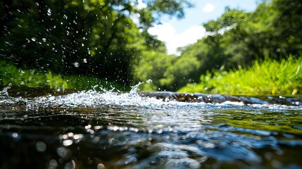 Fototapeta premium Water Splashing in a Green Natural Landscape Under Bright Sunlight