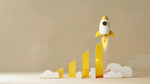 Bright yellow rocket launching with rising bar graph representing business startup and development in finance, growth and success, startup growth