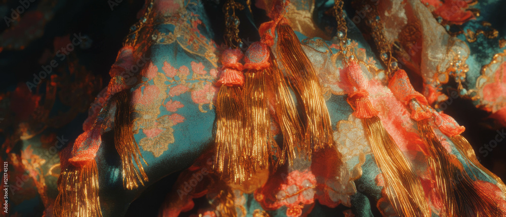 Poster textured silk tassels with flowing threads enhance decorative details in vibrant colors