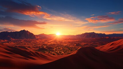 Naklejka premium Breathtaking Desert Sunset Over Sand Dunes and Mountain Range