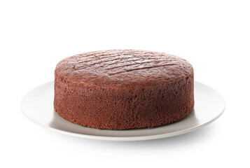 Plate with delicious chocolate sponge cake on white background