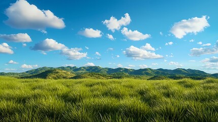 Fototapeta premium Lush Green Grass Landscape Under Bright Blue Sky With Fluffy Clouds