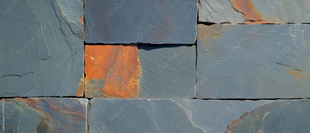 Poster Slate texture displaying thin plates in dark tones with occasional orange highlights
