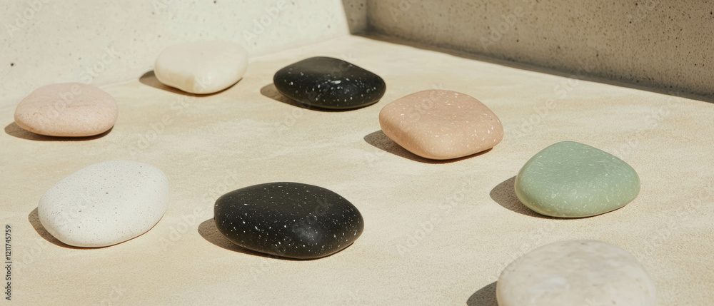 Aufkleber exploring the smooth texture and diverse colors of river stones arranged naturally