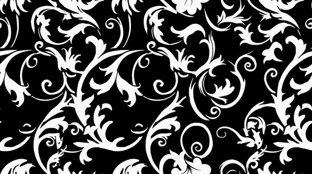 Fototapeta A decorative black and white floral pattern featuring intricate swirls and leaves.