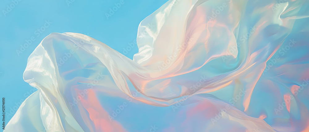 Poster flowing silk fabric with soft sheen displaying gentle movement against a clear blue background