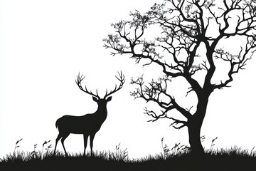 Majestic stag silhouetted against a stark tree.
