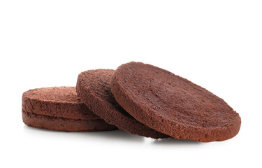 Delicious chocolate sponge cake cut into layers on white background