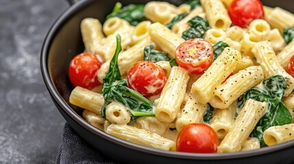 Plant based food concept. Delicious creamy pasta with spinach and cherry tomatoes in a black bowl.