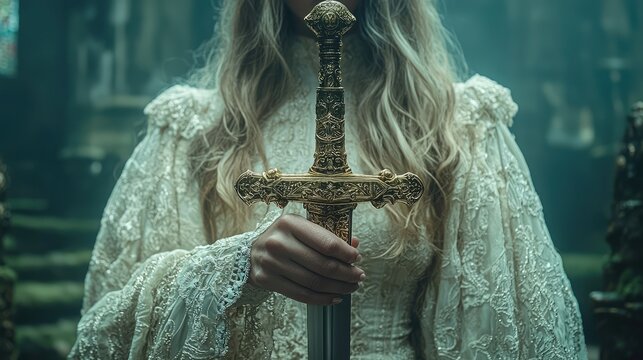 Woman in White Gown Holds Ornate Gold Sword