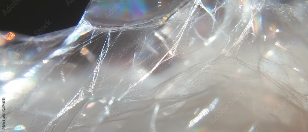 Poster exploring the intricate texture and sheen of spider silk threads in natural light