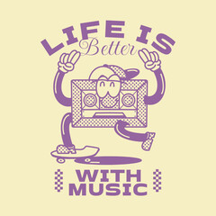 Vintage music t-shirt design for print. Retro rubberhose graphic poster. Cartoon design. Musician t shirt design, Vintage vector graphic, music quotes design. 