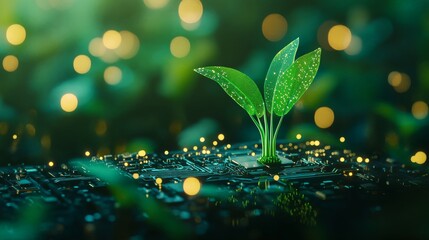 A green tree on a circuit board. Symbolizing environmental protection and the ecology. Environmental sustainability. Eco-friendly. Green energy. Futuristic tech. Eco-friendly tree. Nature protection