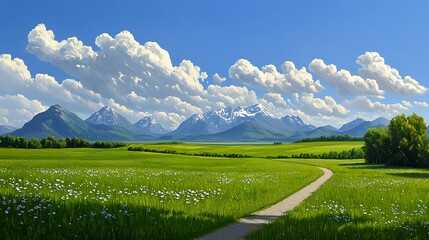 Fototapeta premium Scenic Meadow with Pathway and Majestic Mountains in Background