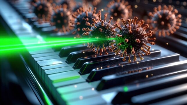 Industrial laser shooting green light at cartoonish virus particles symbolizes combating asthma cough, cold, flu consultations, and remedies like decongestants or cough syrup