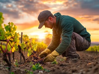 Vineyard Worker Pruning Grape Vines at Sunset in Early Spring, Capturing the Essence of Agricultural Labor in a Picturesque Landscape