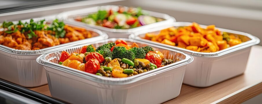 Meals delivery idea. Deliciously prepared meals in takeaway containers, ready to savor and enjoy.
