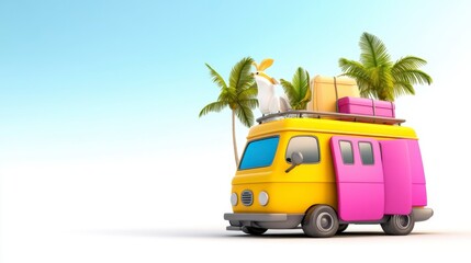 Fototapeta premium Colorful Cartoon Van with Luggage and Palms Against Blue Sky