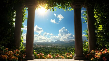 Fototapeta premium Serene Garden View Through Columns Under Bright Sunny Sky