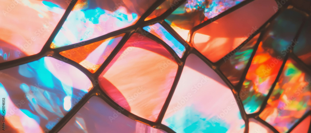 Poster vibrant stained glass with intricate patterns and colorful textures catching light beautifully