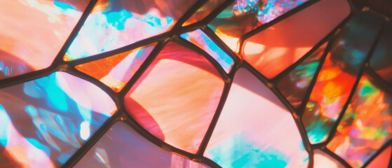 Vibrant stained glass with intricate patterns and colorful textures catching light beautifully