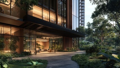 Fototapeta premium Luxurious Hotel Lobby Entrance at Dusk, Surrounded by Lush Greenery