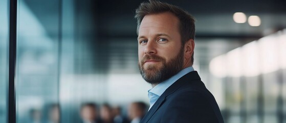 Fototapeta premium Confident businessman office portrait, colleagues blurred background, corporate headshot.