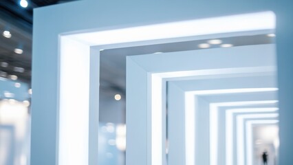 modern white square archway with bright lighting at trade fair or event venue futuristic architectural design