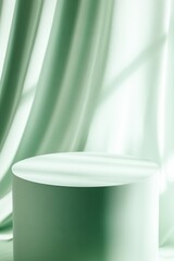 Mint green cylindrical podium in front of softly draped fabric background with gentle shadows, ideal for minimalistic product presentations and modern display concepts