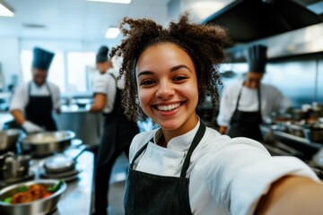 joyful young woman taking a selfie during a cooking class in a professional kitchen with chefs in the background