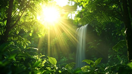 Tranquil Jungle Scene with Sunlight and Waterfall in Lush Greenery