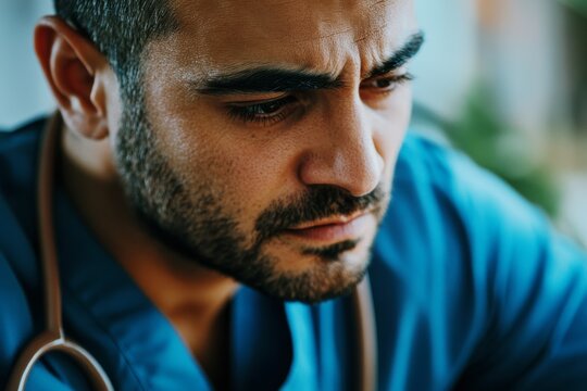 overworked and serious male healthcare worker in scrubs with stethoscope, deep in thought in a hospital close-up - Powered by Adobe