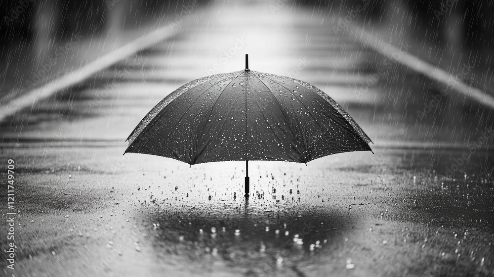 Poster Raindrops dance on the surface as a black umbrella stands alone on a glistening sidewalk. The atmosphere is filled with the sound of rain, creating a serene yet dynamic setting