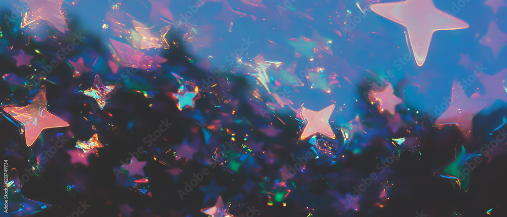 Poster sparkling stars and shimmering shapes create a magical nighttime atmosphere