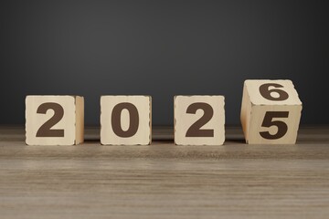 Wooden cubes with text 2025-2026, 3D rendering