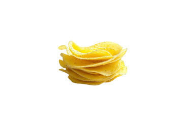 Photo of pile of yellow potato chips isolated on white background