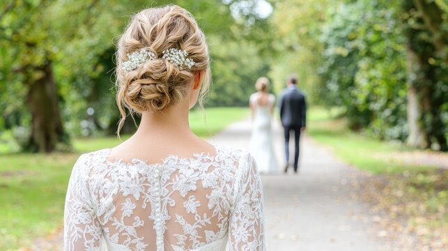 Bride with elegant updo hairstyle watches another wedding couple walk down a park path.